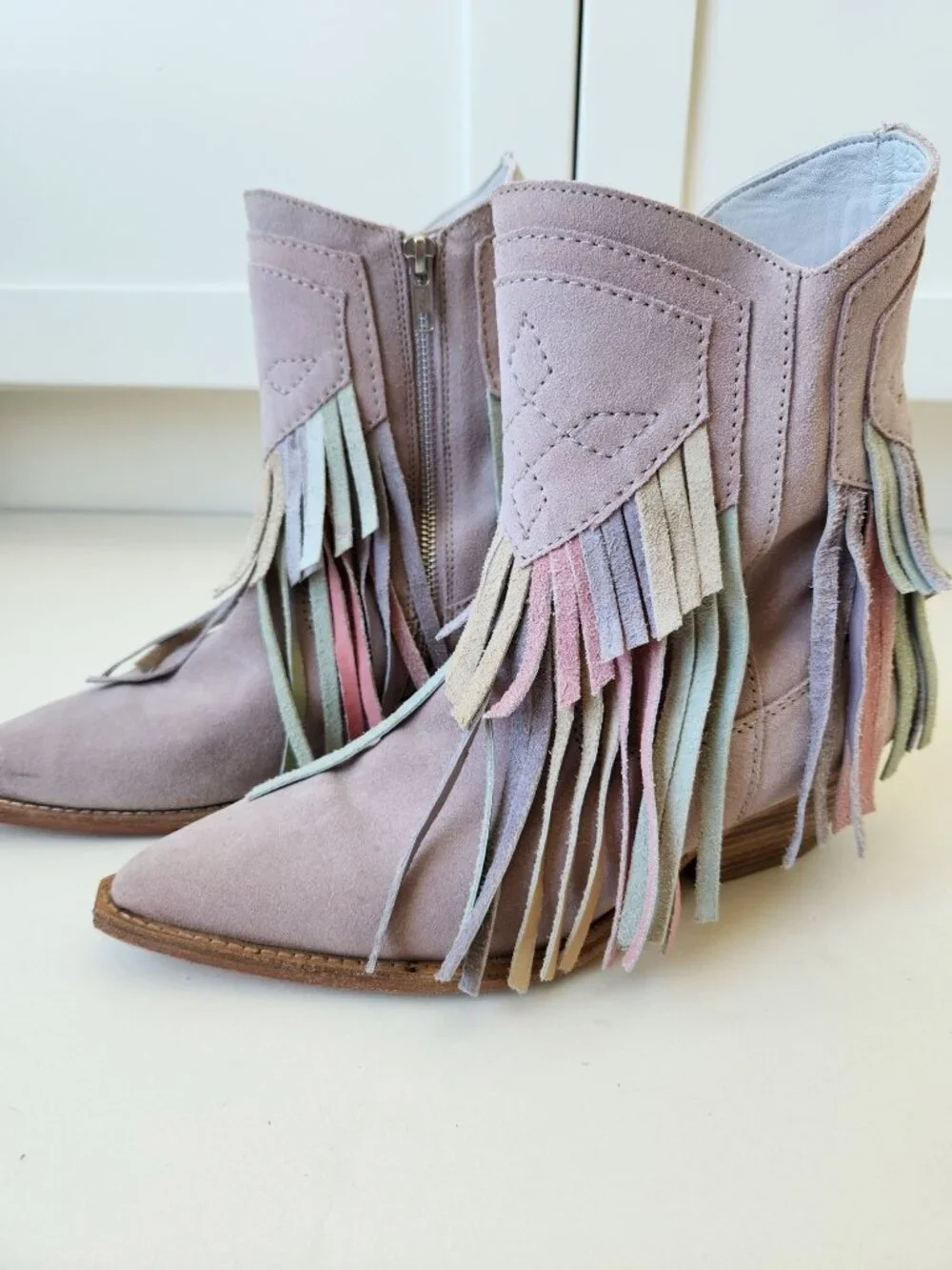 Free People Lawless Pastel Suede Fringe Western Boots Cowgirl Festival Boho Cute - Picture 1 of 13